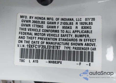 2020 Honda Civic Ex from USA, damaged, VIN 19XFC1F35LE018787